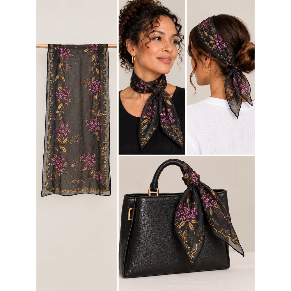 Sheer Black Floral Scarf Purple Gold Botanical Print Long Lightweight Wrap
